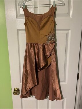 Weissman Copper Satin High-Low Dance Dress with Applique